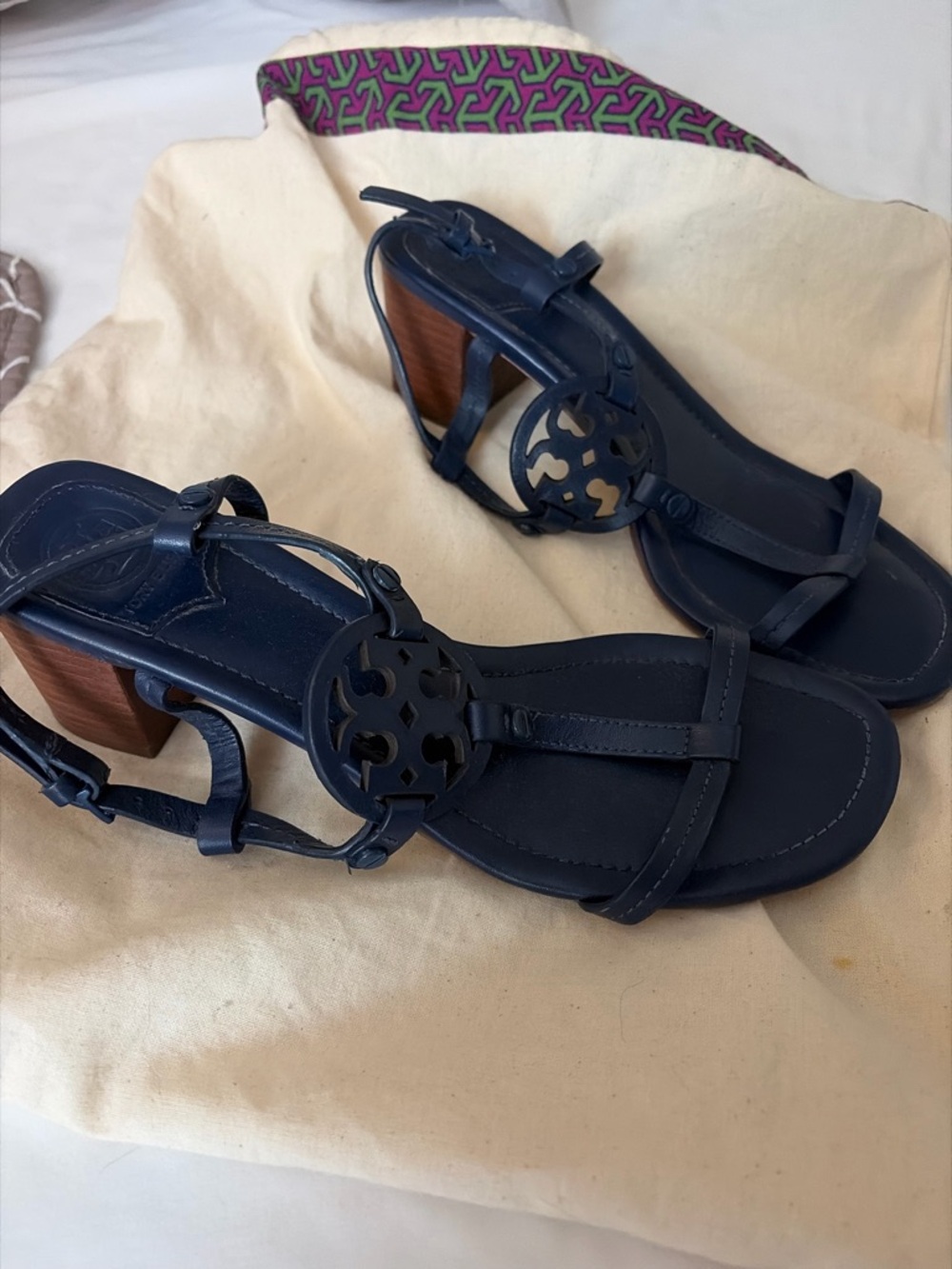 Women’s Navy Leather Slingback Sandals with Tory Burch Medallion
